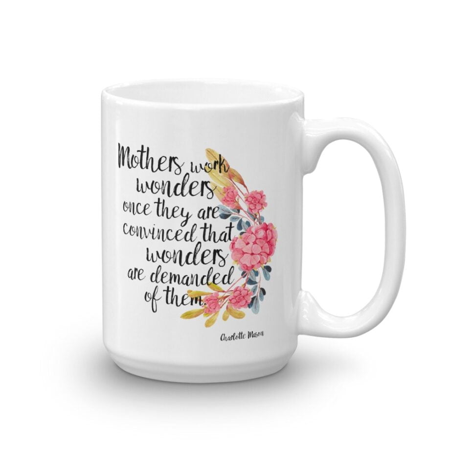 Charlotte Mason “Mothers work wonders…” Quote with Watercolor Flowers Mug - Image 4