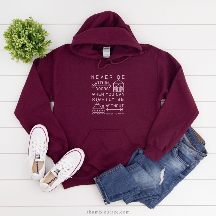 Charlotte Mason “Never be within doors…” Line Art Hooded Sweatshirt - ahumbleplace.com