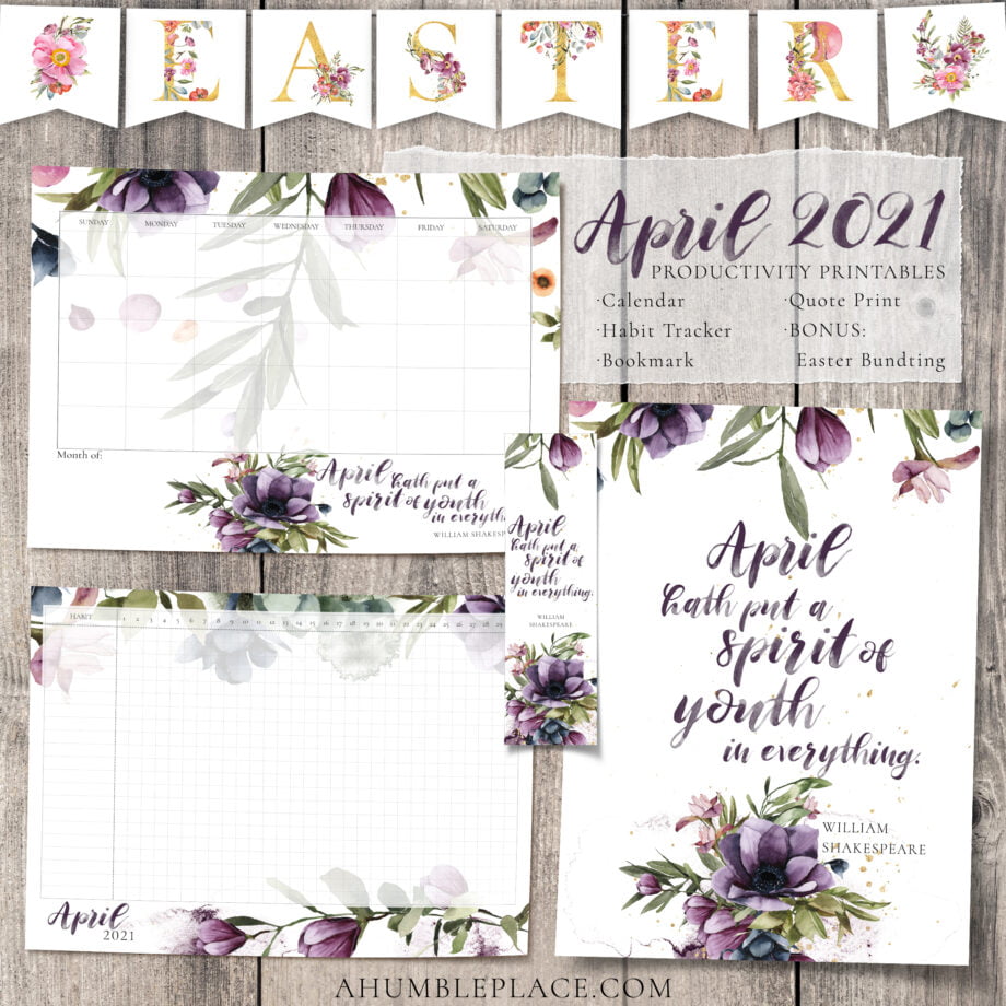 Shakespeare "April..." Quote with Watercolor Purple Flowers Print (April 2021 Patreon Download)