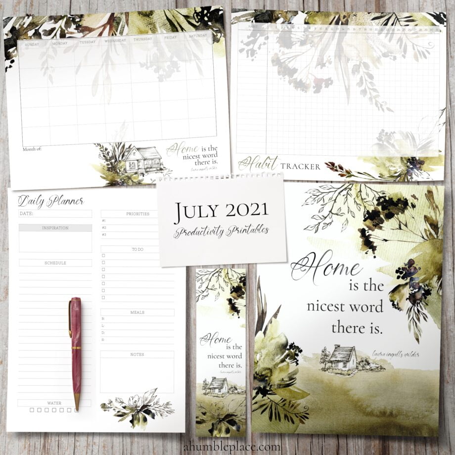 Laura Ingalls Wilder "Home..." Quote with Watercolor Flowers and Sketches Print (July 2021 Patreon Download)