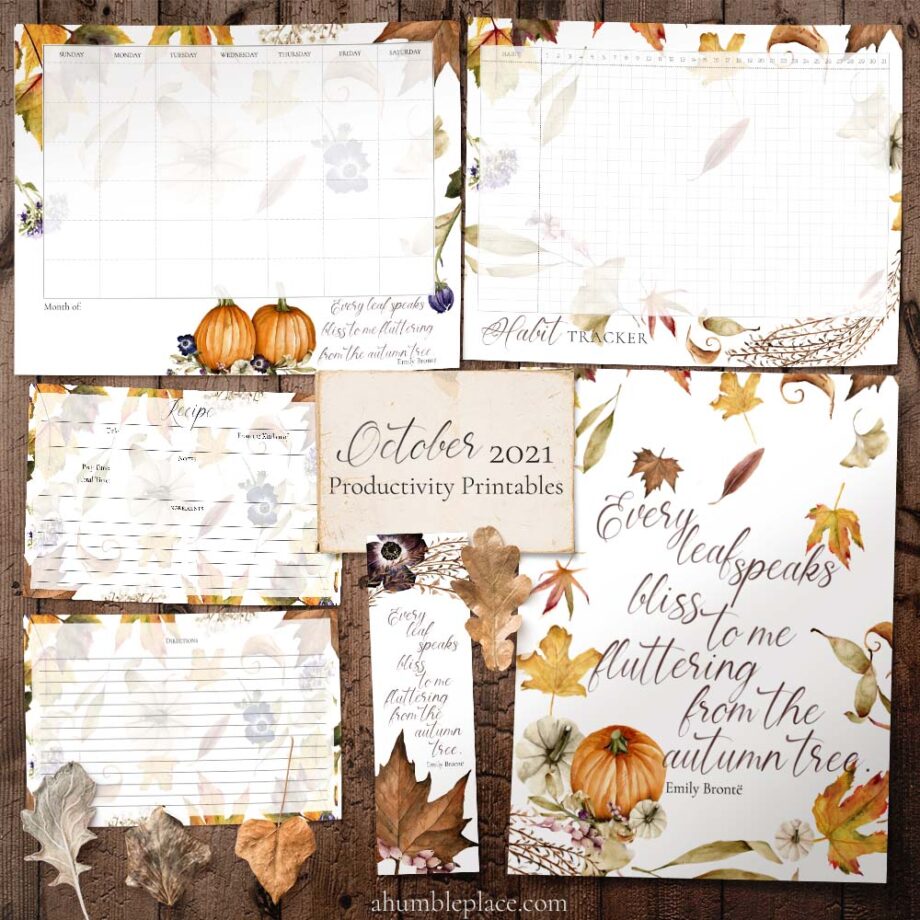 Emily Brontë "Every leaf speaks bliss..." Quote with Watercolor Autumn Leaves (October 2021 Patreon Download)