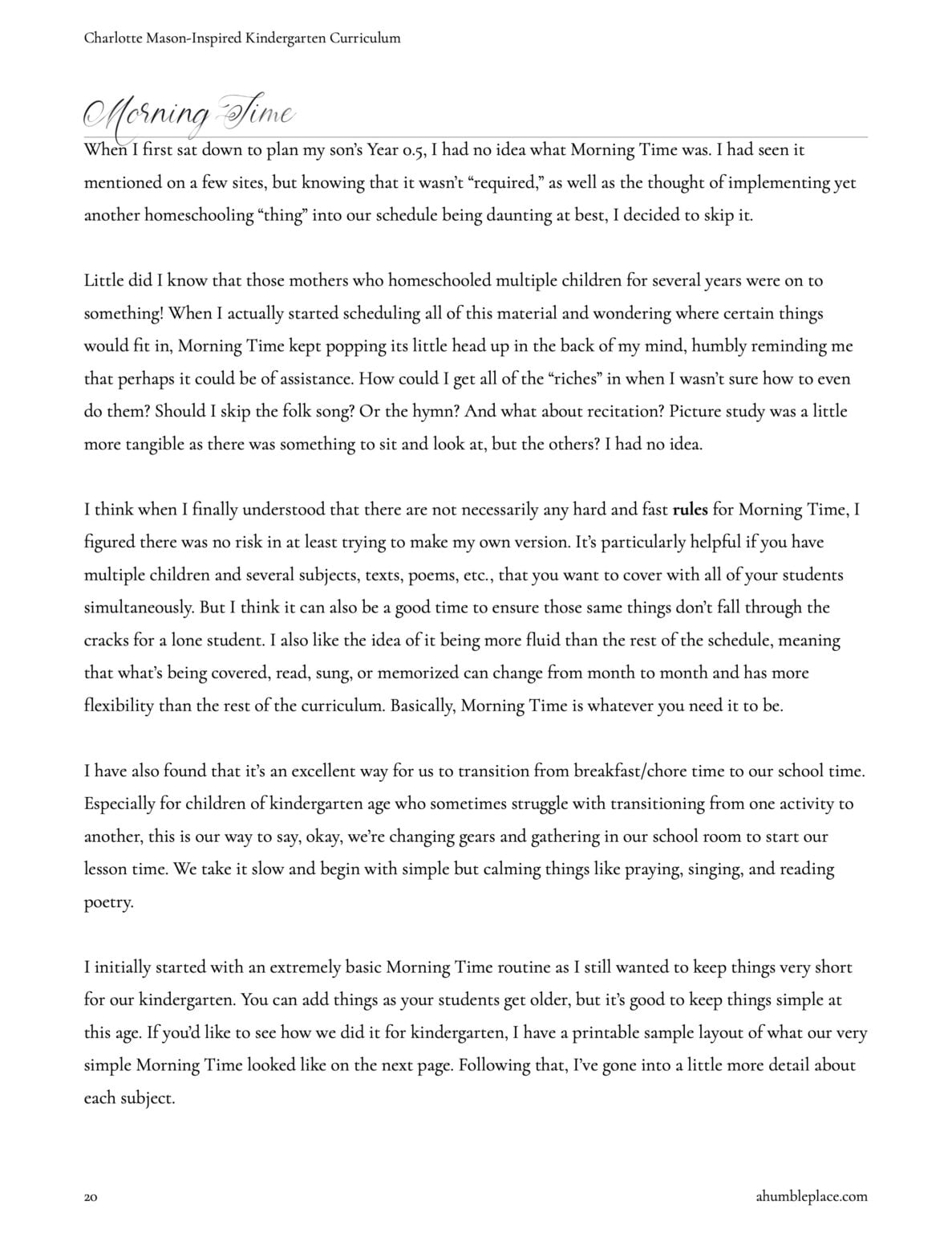Charlotte Mason Kindergarten Curriculum · a humble place