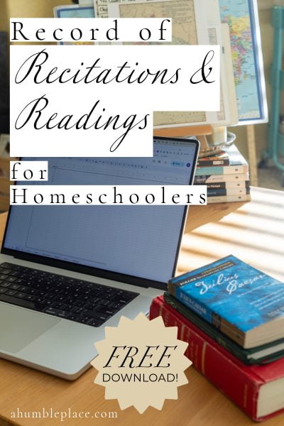 Record of Recitations and Readings for Homeschoolers - ahumbleplace.com