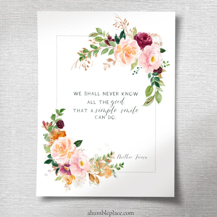 Mother Teresa "Simple smile" Quote with Watercolor and Gold Flowers (July 2024 Patreon Download) - Image 2